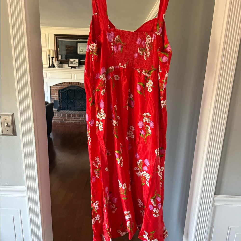 Anthropologie Red Floral Slip Dress with Pink and White Blooms - Picture 2 of 3